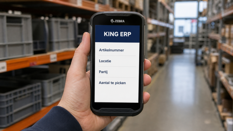Een gesplitst beeld: links een manager die een ERP-dashboard bekijkt, rechts een magazijnmedewerker die een pallet scant. Zo zie je meteen het verschil tussen overzicht op bedrijfsniveau en werk op de magazijnvloer.