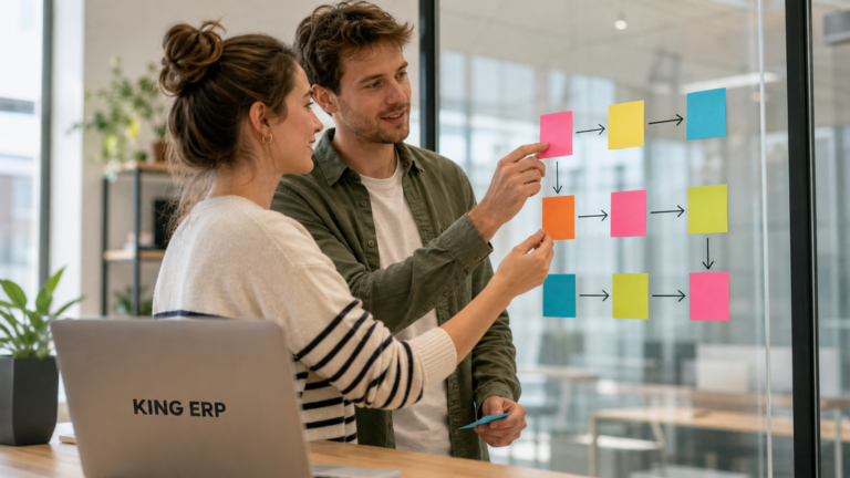 Twee collega's brengen samen hun werkprocessen in kaart met sticky notes op een glazen wand, terwijl een softwaredemo ongebruikt op de achtergrond staat.