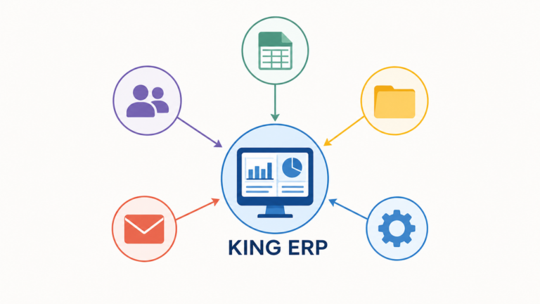 Een opgeruimd bureau met een laptop met een overzichtelijk dashboard naast papieren orders en geeltjes, als symbool voor de overstap van losse systemen naar één ERP.
